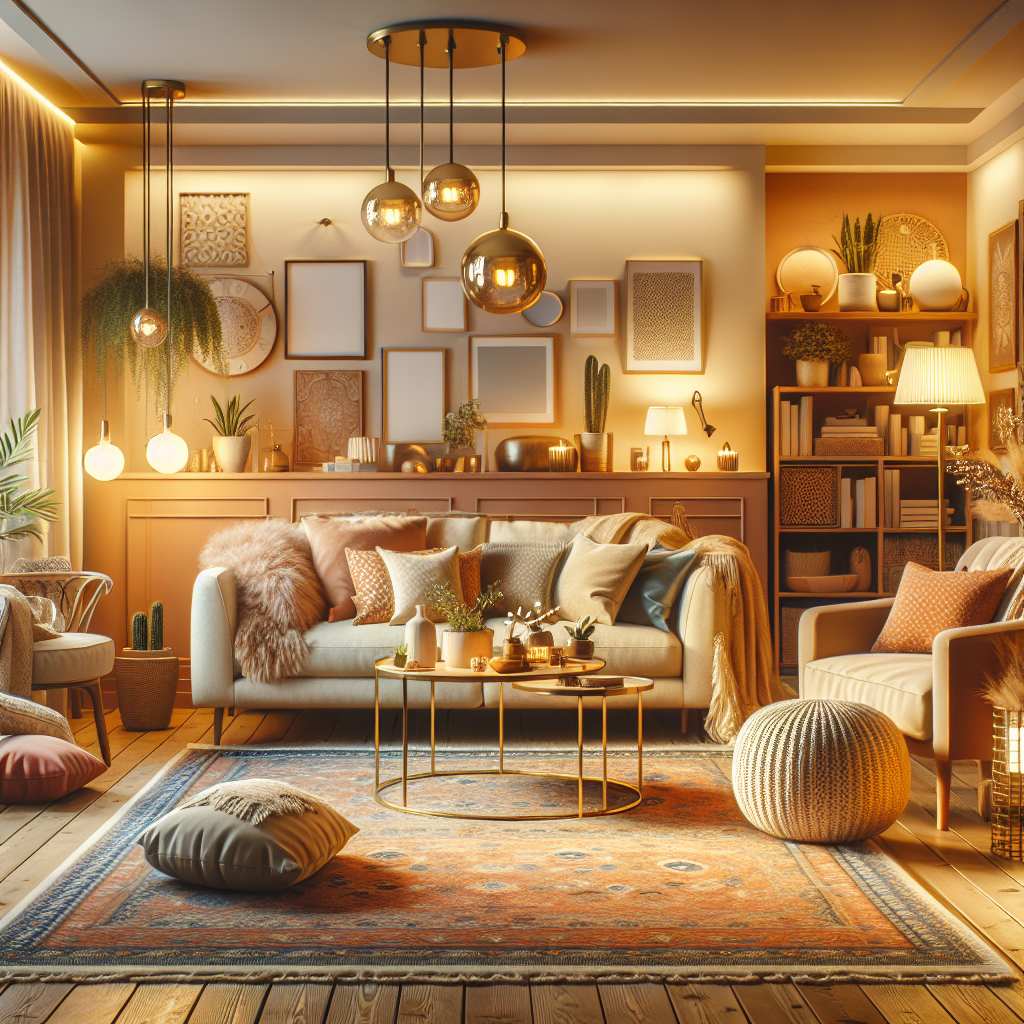 A cozy Airbnb living room with warm colors, plush furniture, and soft lighting