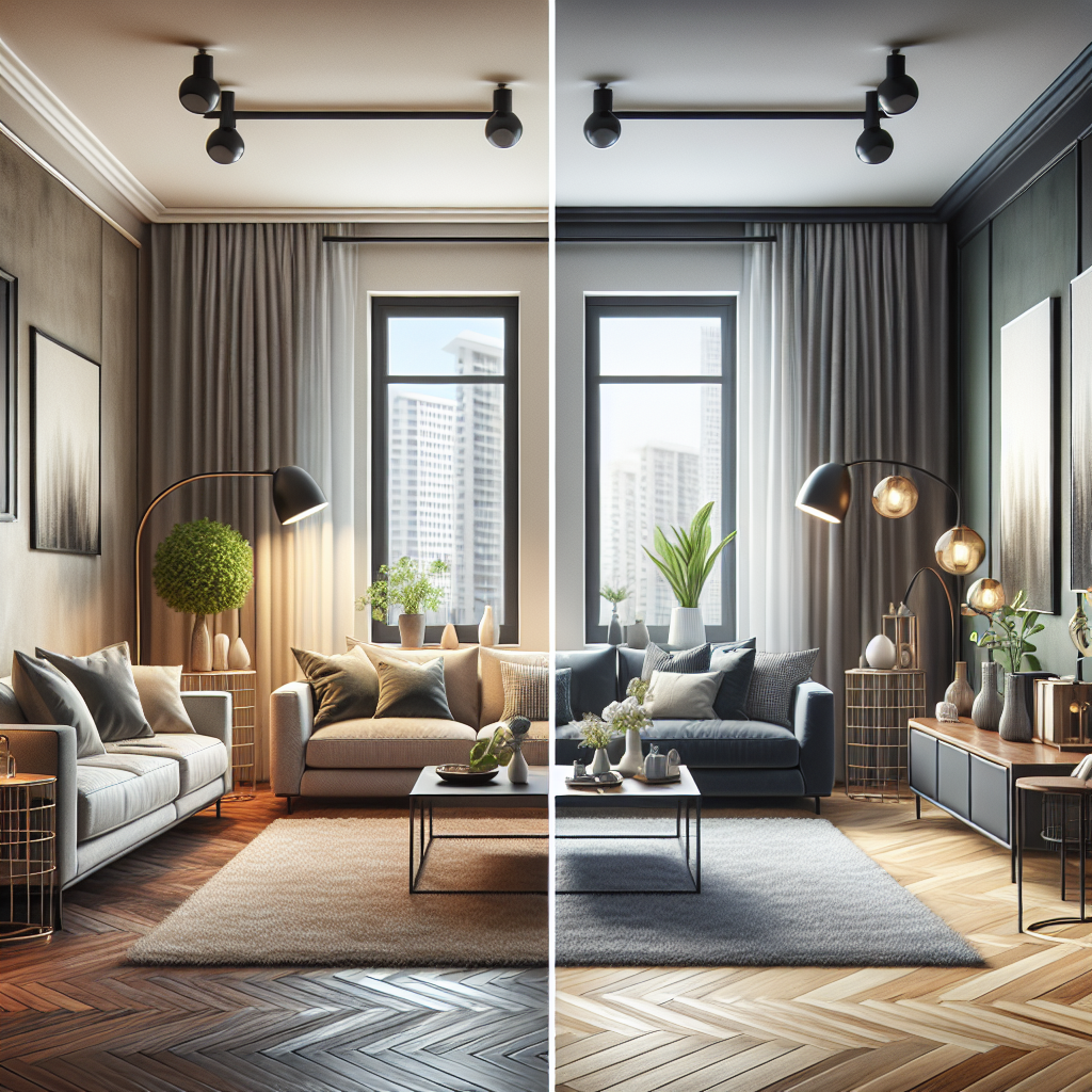A modern living room transformed using AI design software, showcasing before and after images.