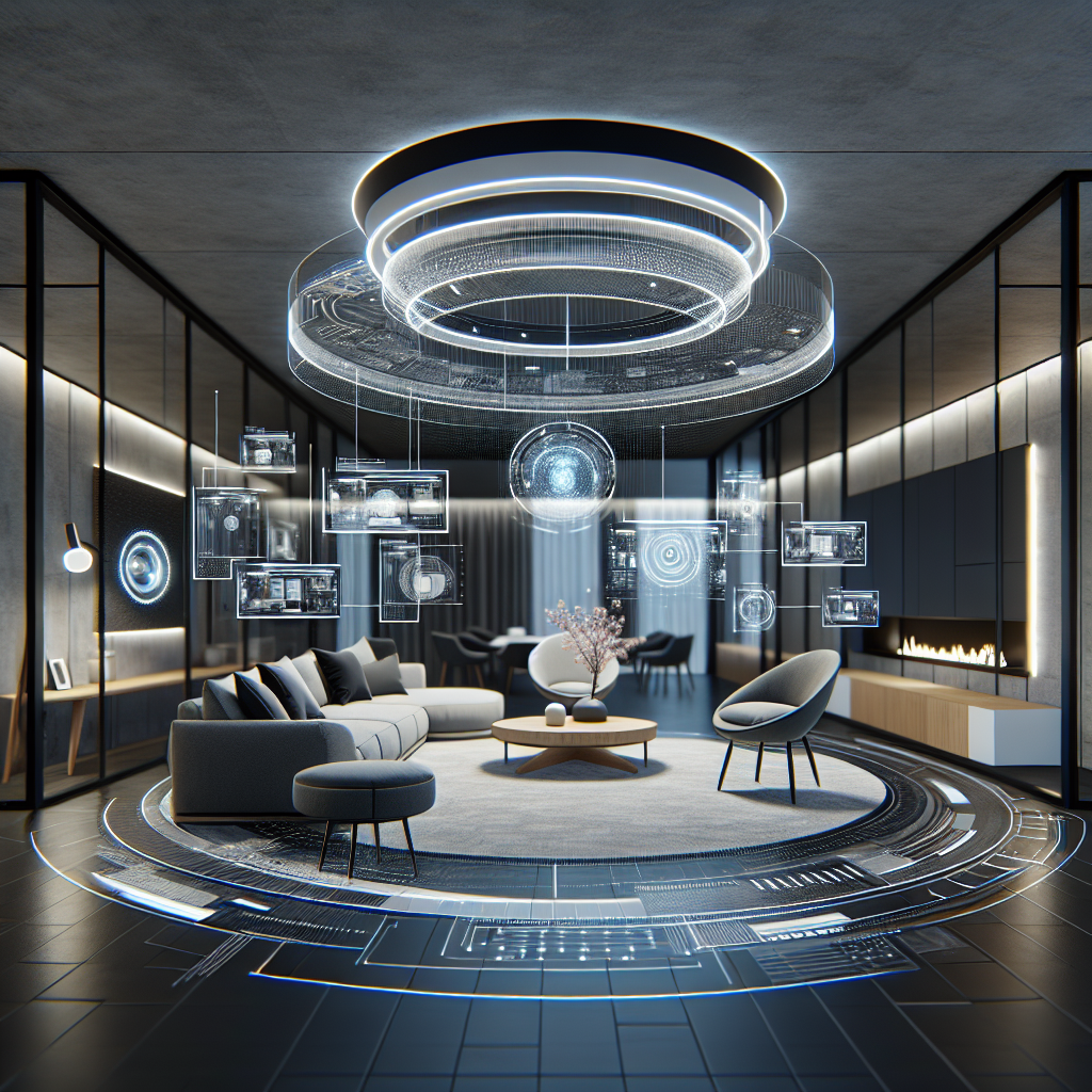 A modern living room designed using AI tools, showcasing sleek furniture and innovative lighting solutions.