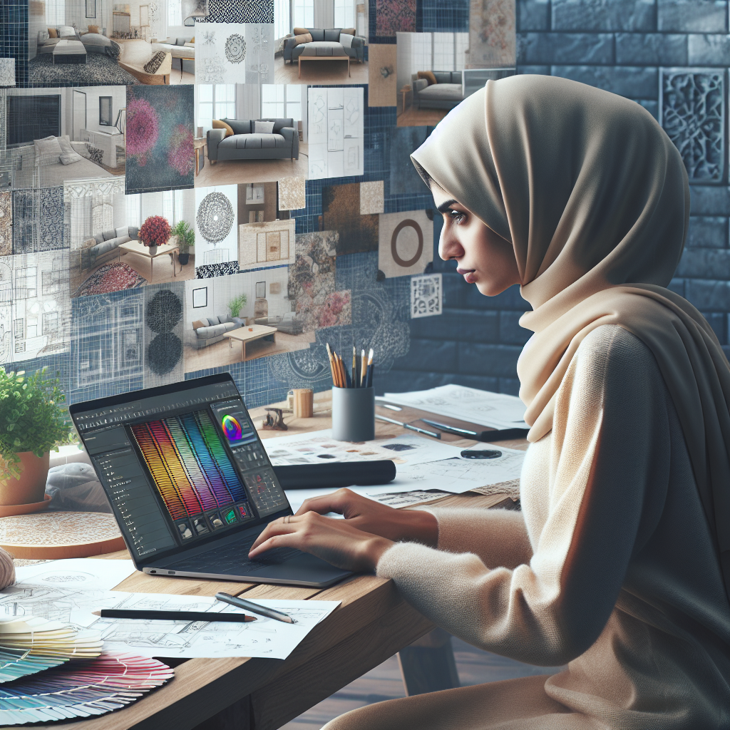 A designer using a laptop with Hestior's interface visible, surrounded by interior design sketches and samples.