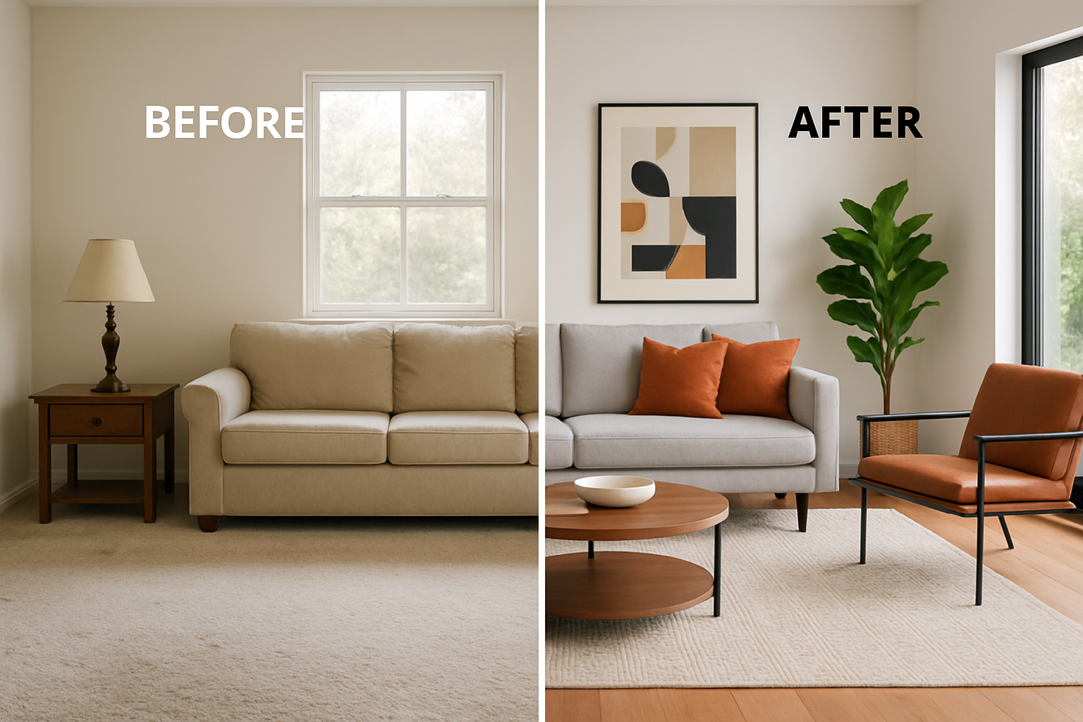 A digitally staged living room with modern furniture and decor, showcasing a before-and-after transformation.