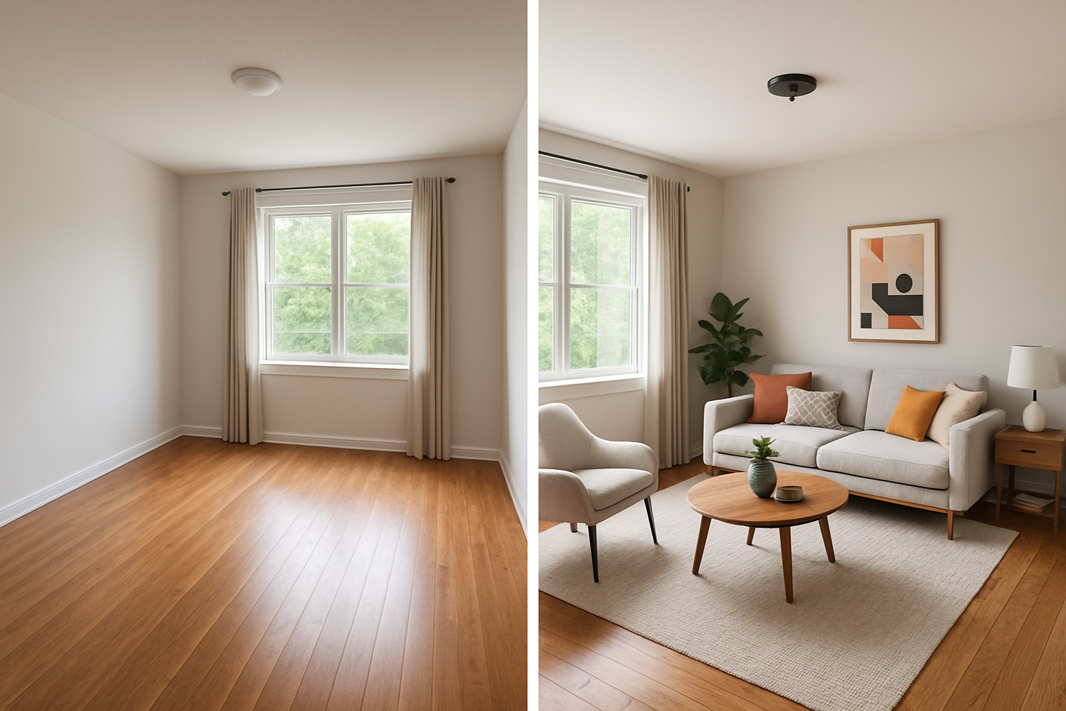 A comparison of an empty room and the same room with AI-generated furniture and decorations, highlighting the customization options.