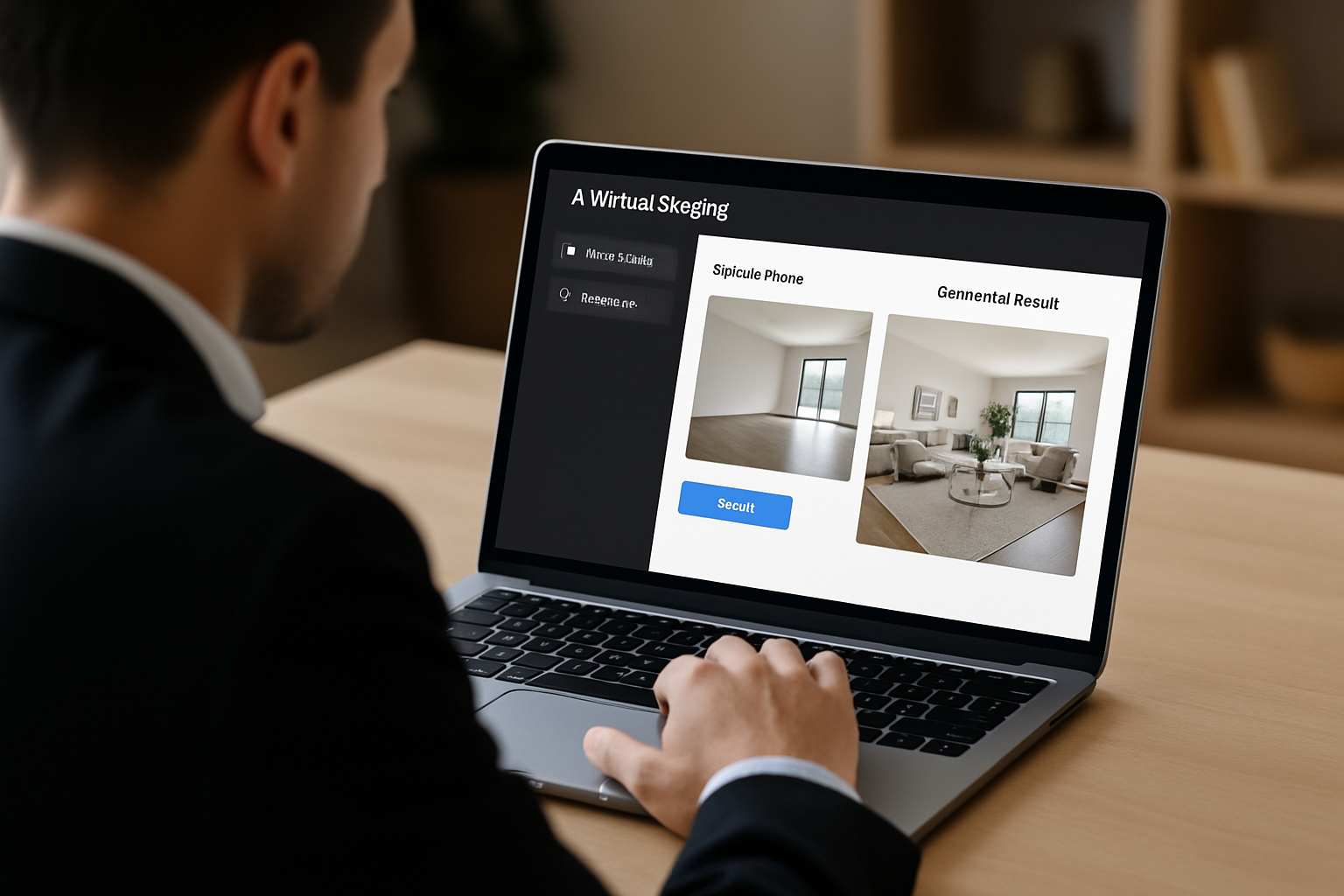 A real estate agent using a laptop to upload property photos into an AI virtual staging platform, demonstrating the user-friendly interface.