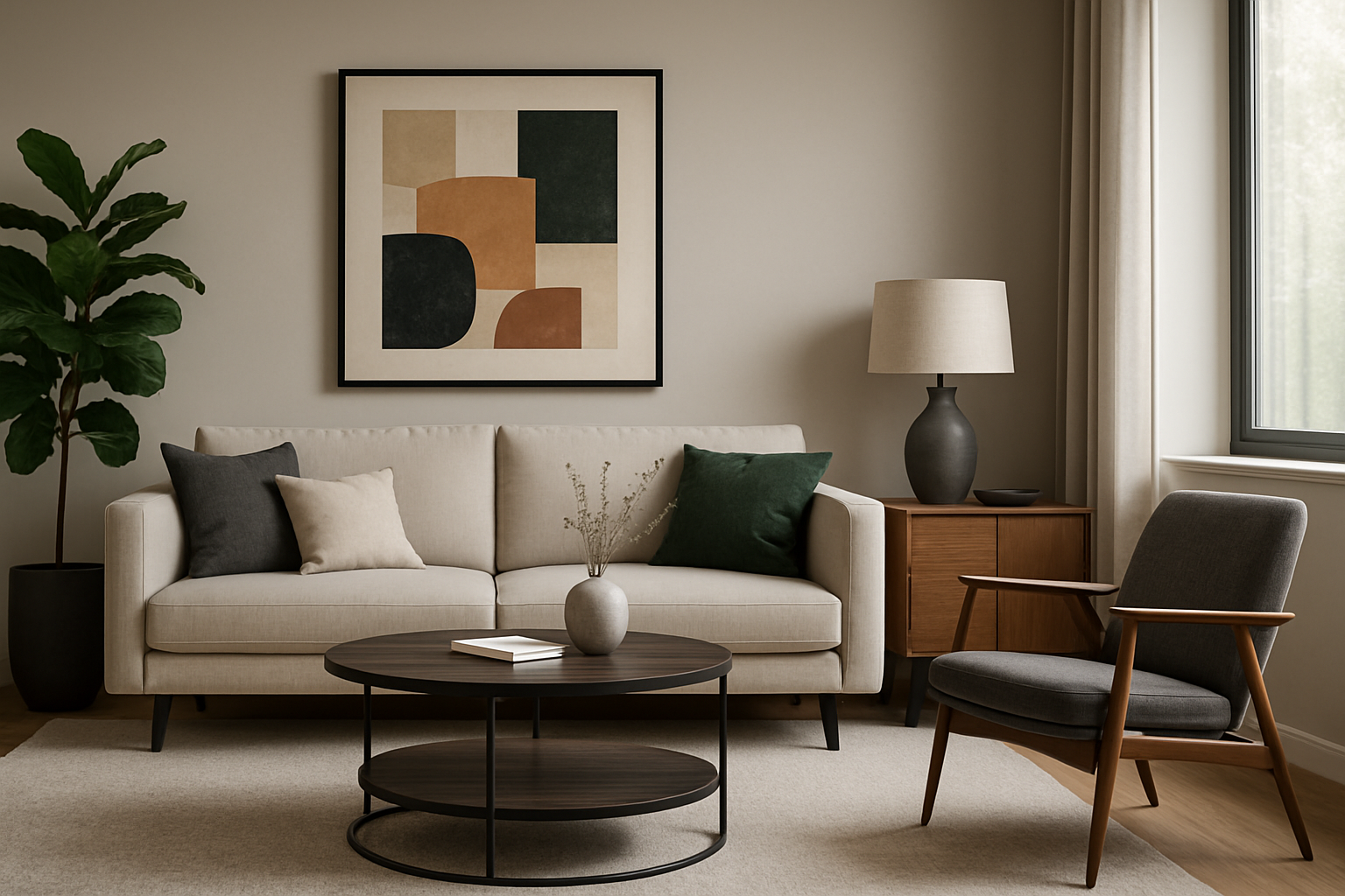 A digitally furnished living room with modern furniture and decor using AI technology.