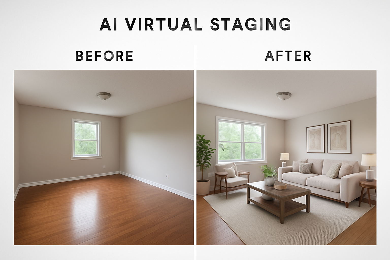 Before and after images of a room, showing the transformation with AI virtual staging.