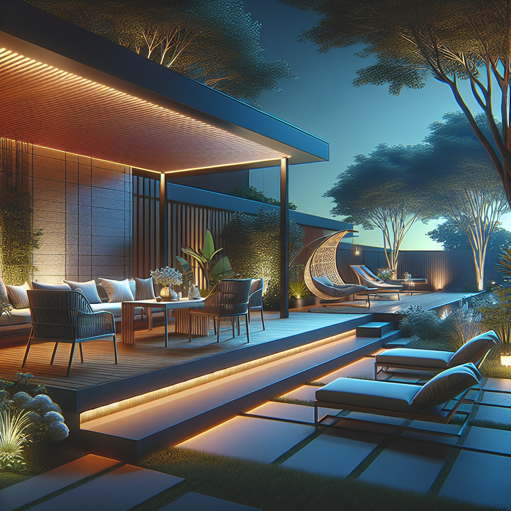 A modern AI-designed patio with sleek furniture and ambient lighting, showcasing a blend of natural and artificial elements.