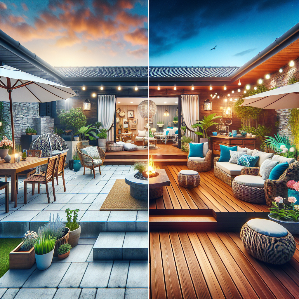 Before and after images of a patio transformation, highlighting the drastic change from a plain space to a stylish outdoor oasis.