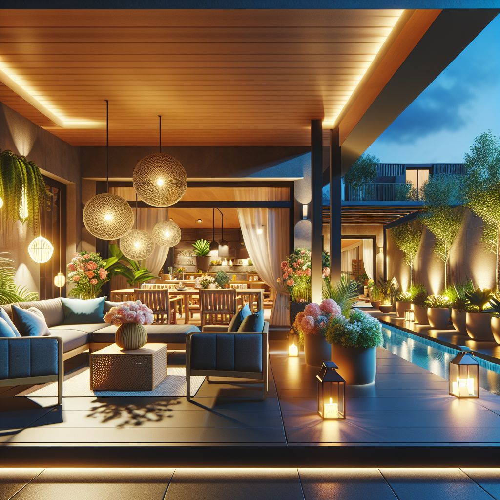 A 3D visualization of a patio design, featuring customizable elements like furniture, plants, and lighting tailored to personal preferences.