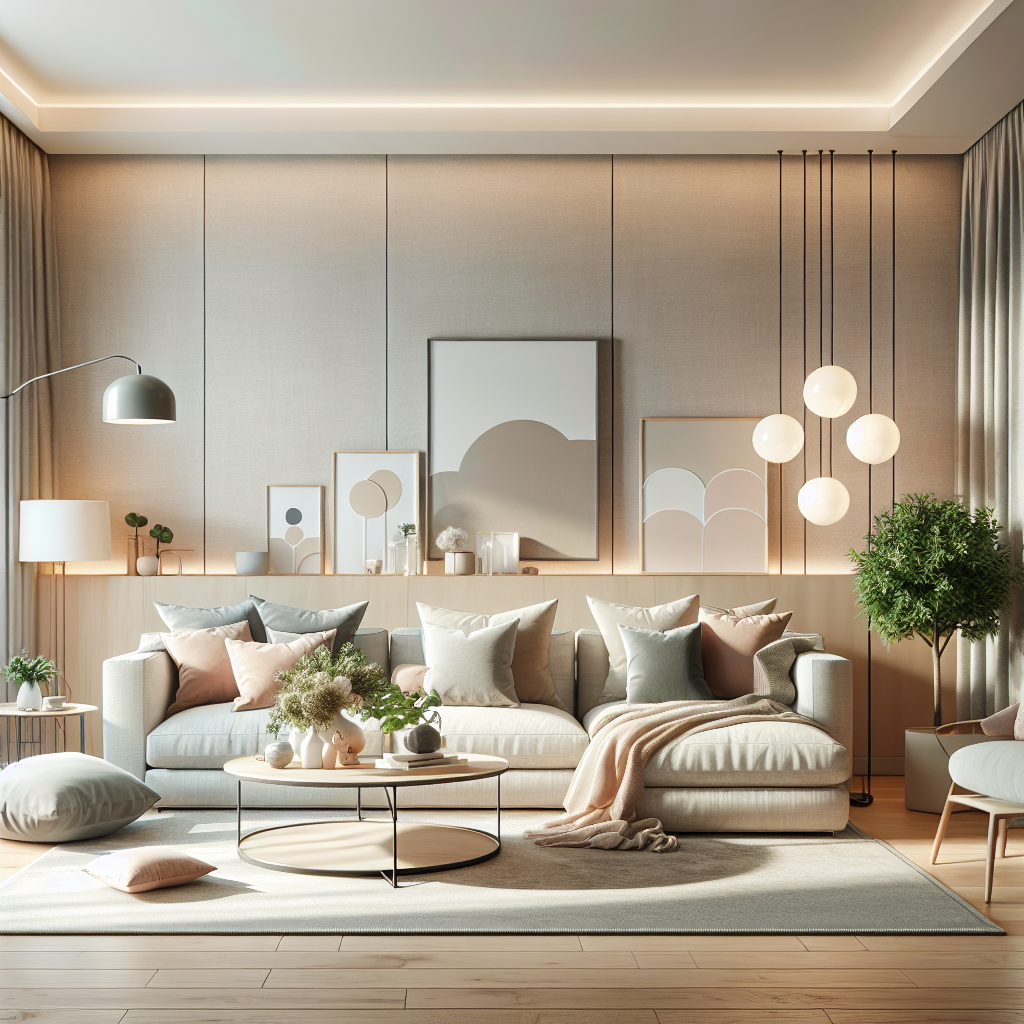 A modern living room with a cozy, chic design, showcasing a blend of contemporary furniture and decor elements.