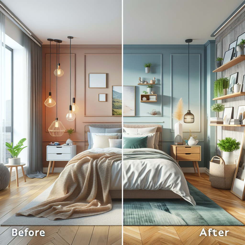 A before-and-after transformation of a bedroom, highlighting the impact of AI-driven design changes.