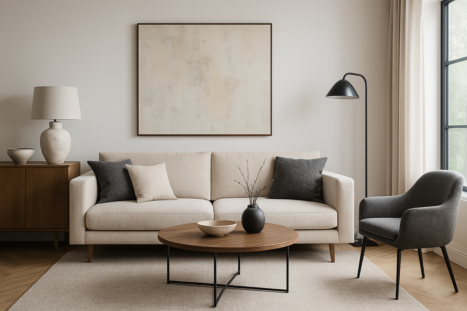 A digitally furnished living room using AI technology, showcasing modern furniture and decor