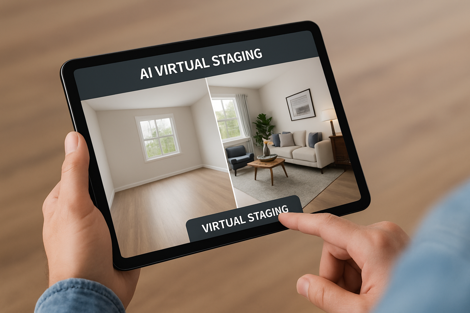 A user interacting with an AI virtual staging app on a tablet, visualizing a furnished room