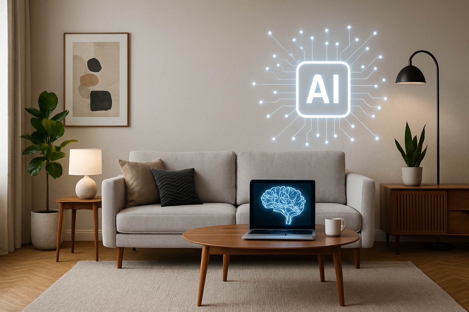 A digitally staged living room with modern furniture and decor, showcasing AI technology.