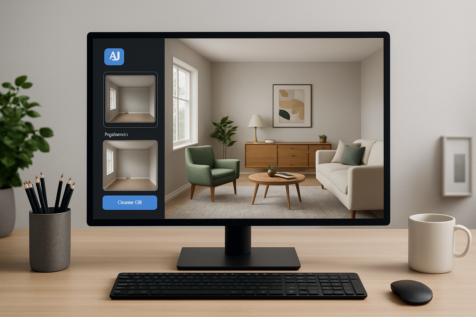 A computer screen displaying AI software in action, furnishing a room digitally.