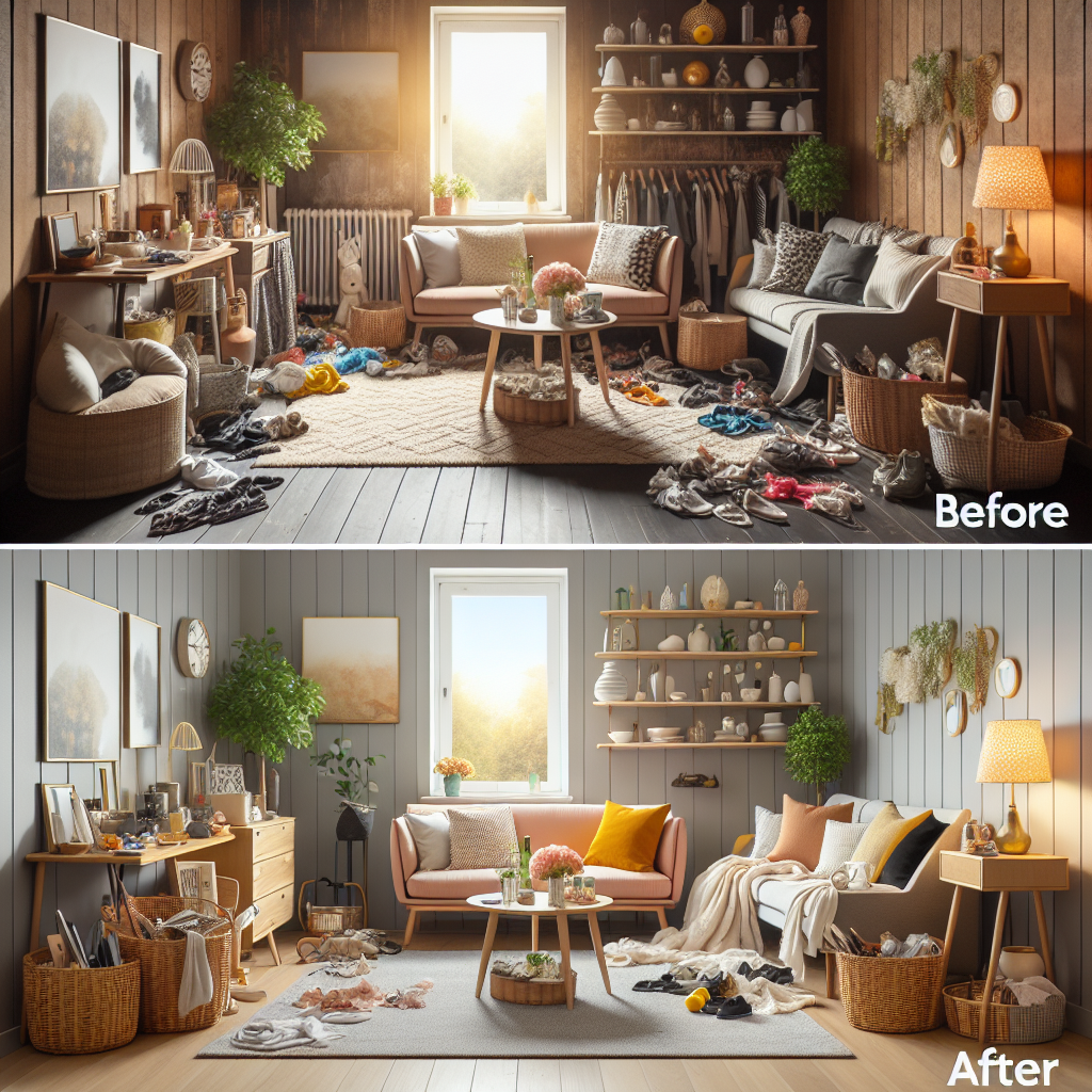 Before and after images of a cluttered room becoming a harmonious, stylish space.