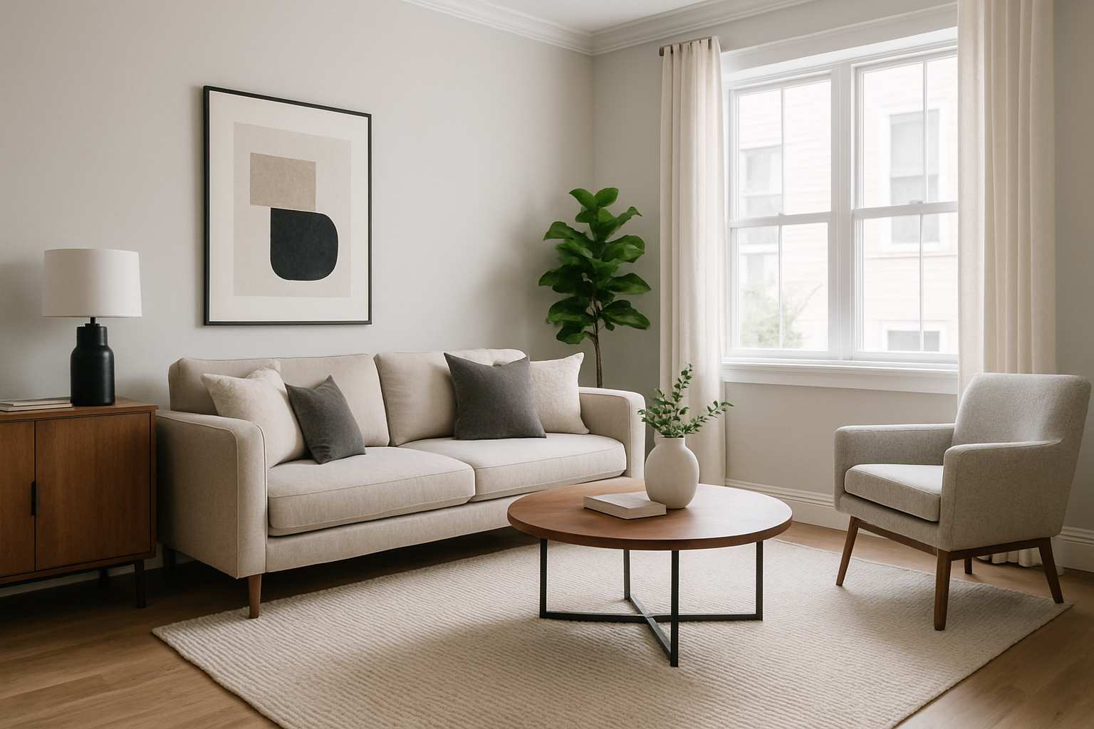 A digitally furnished living room with modern decor, showcasing AI virtual staging capabilities.