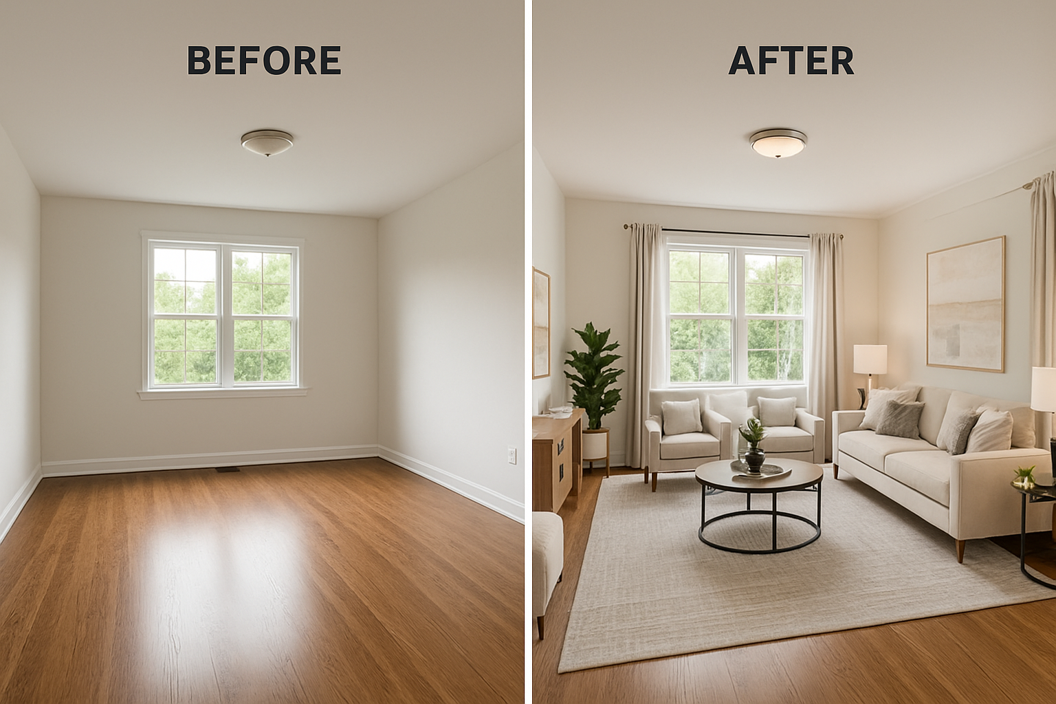 Before and after images of an empty room transformed with AI virtual staging, highlighting the difference.