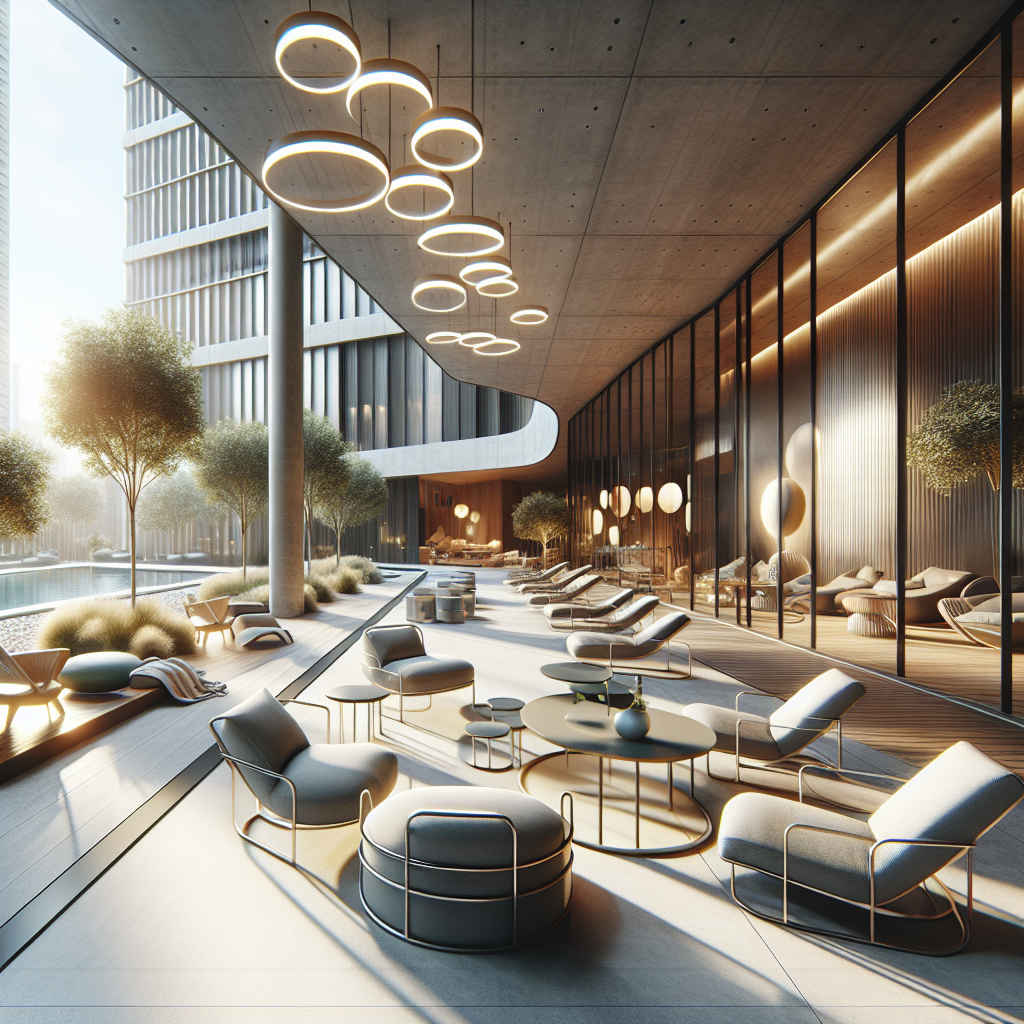 A modern outdoor patio with AI-designed furniture and lighting, showcasing a blend of comfort and style.