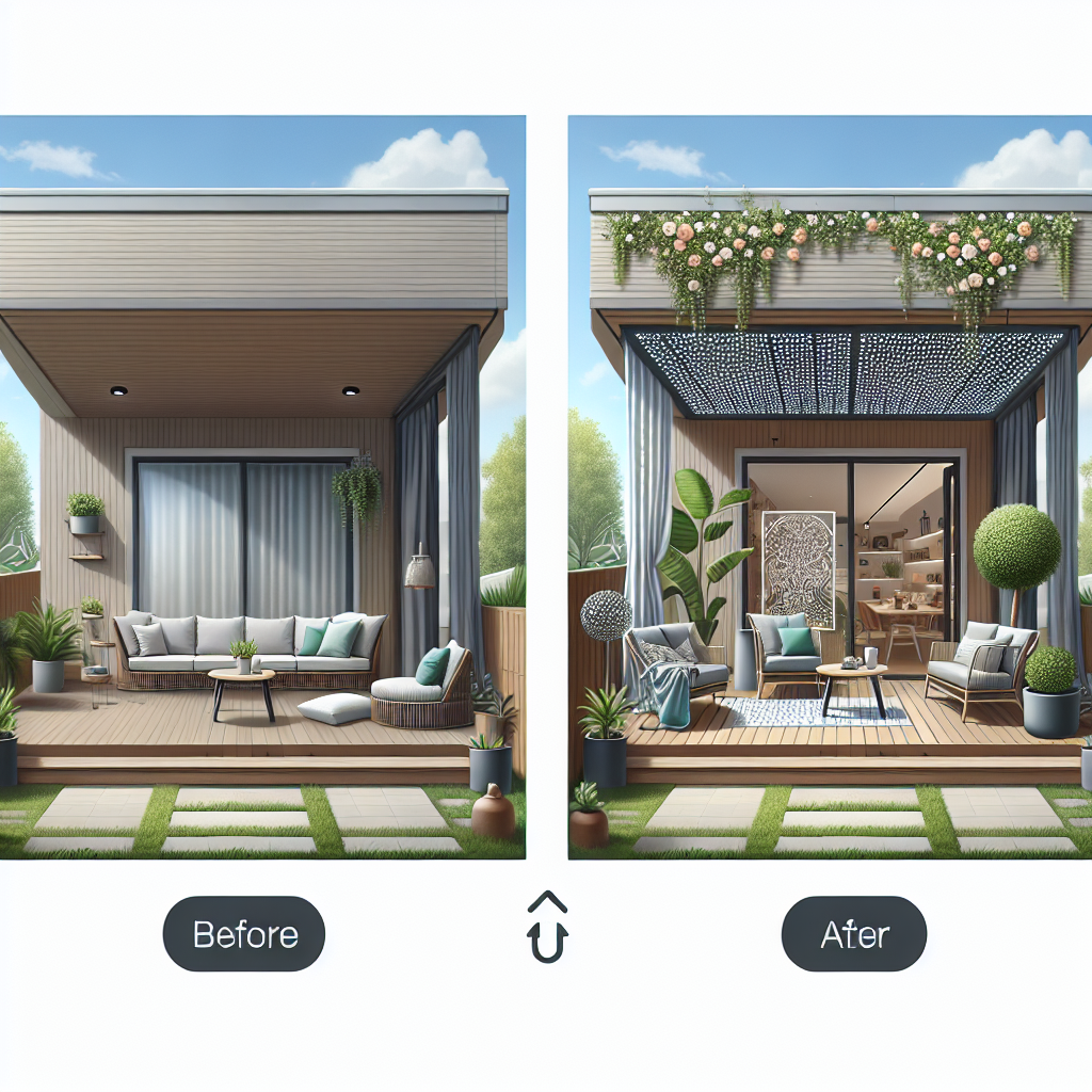 A before-and-after comparison of a patio transformation using AI design tools, highlighting the changes in layout and decor.