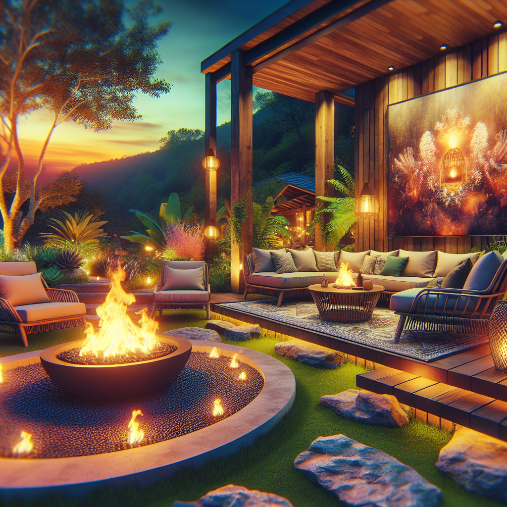 A cozy outdoor retreat with a fire pit and seating area, designed using AI technology for optimal comfort and aesthetics.