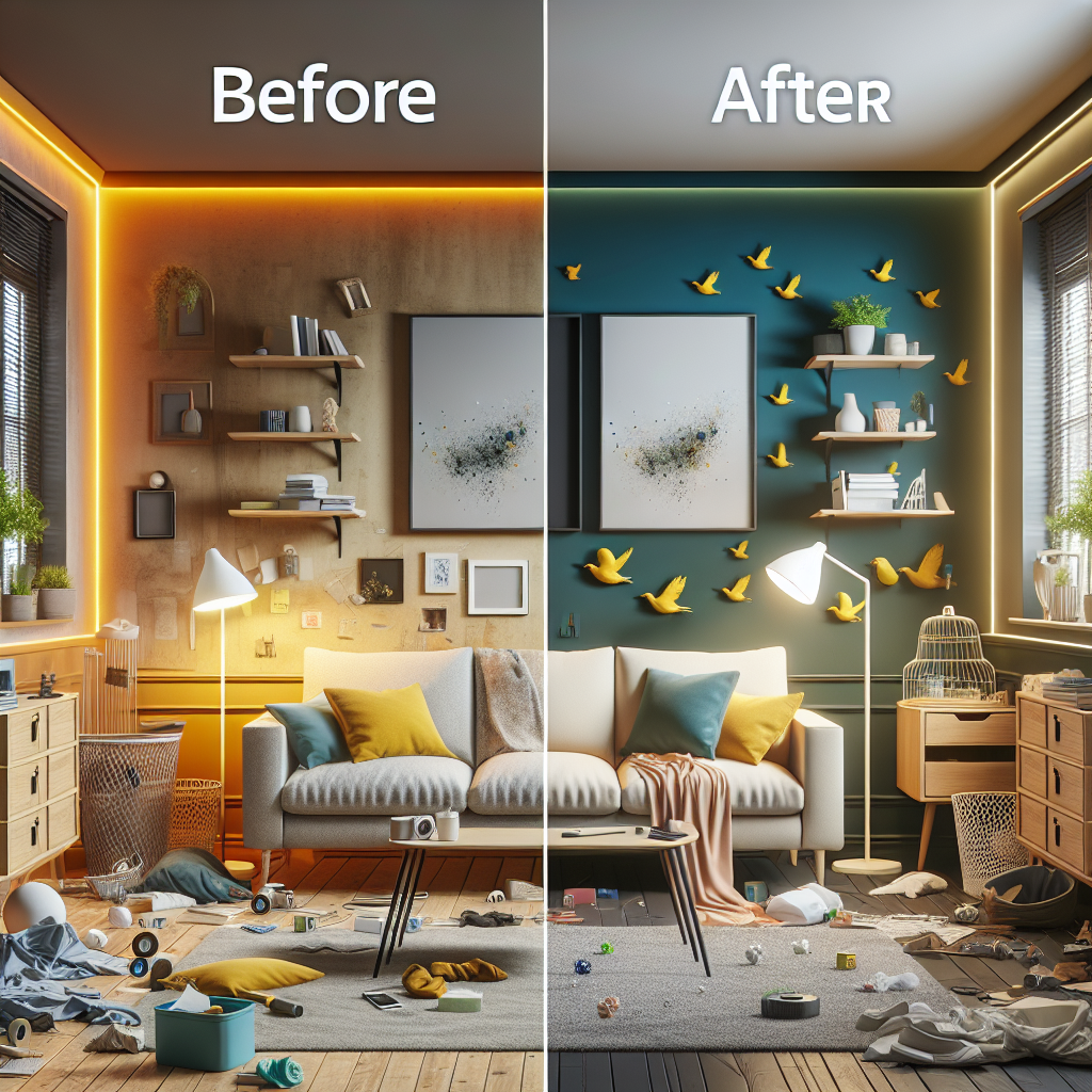 Before and after images of a living room transformation using the AI tool.
