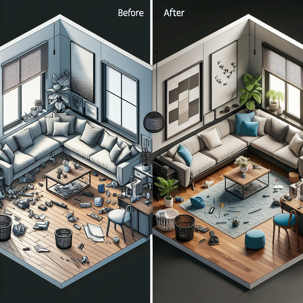 A modern living room before and after using the AI Floor-Plan Generator, showcasing a cluttered space transformed into a sleek, organized layout.