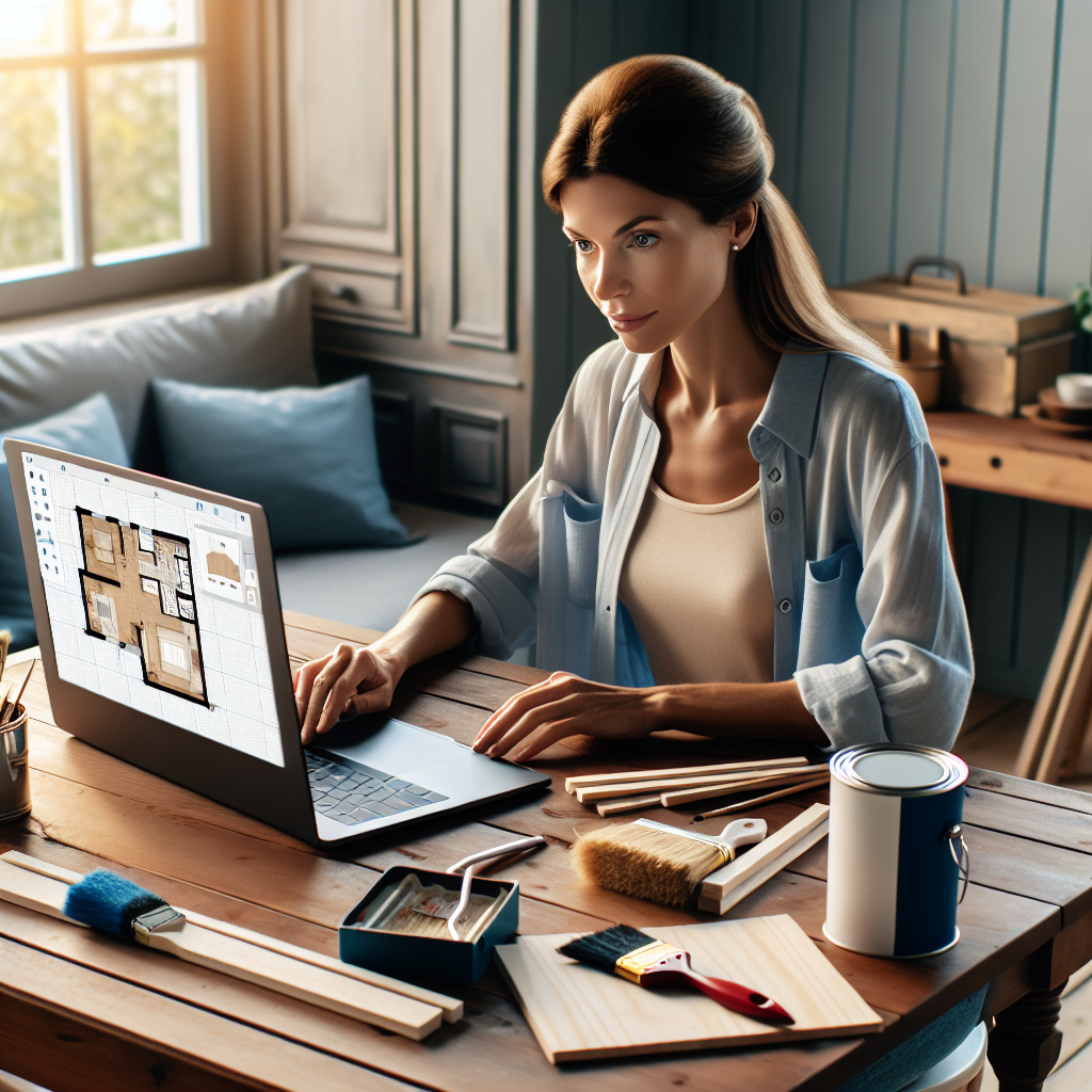 A DIY homeowner using a laptop to design a floor plan with the AI tool, surrounded by home renovation materials.