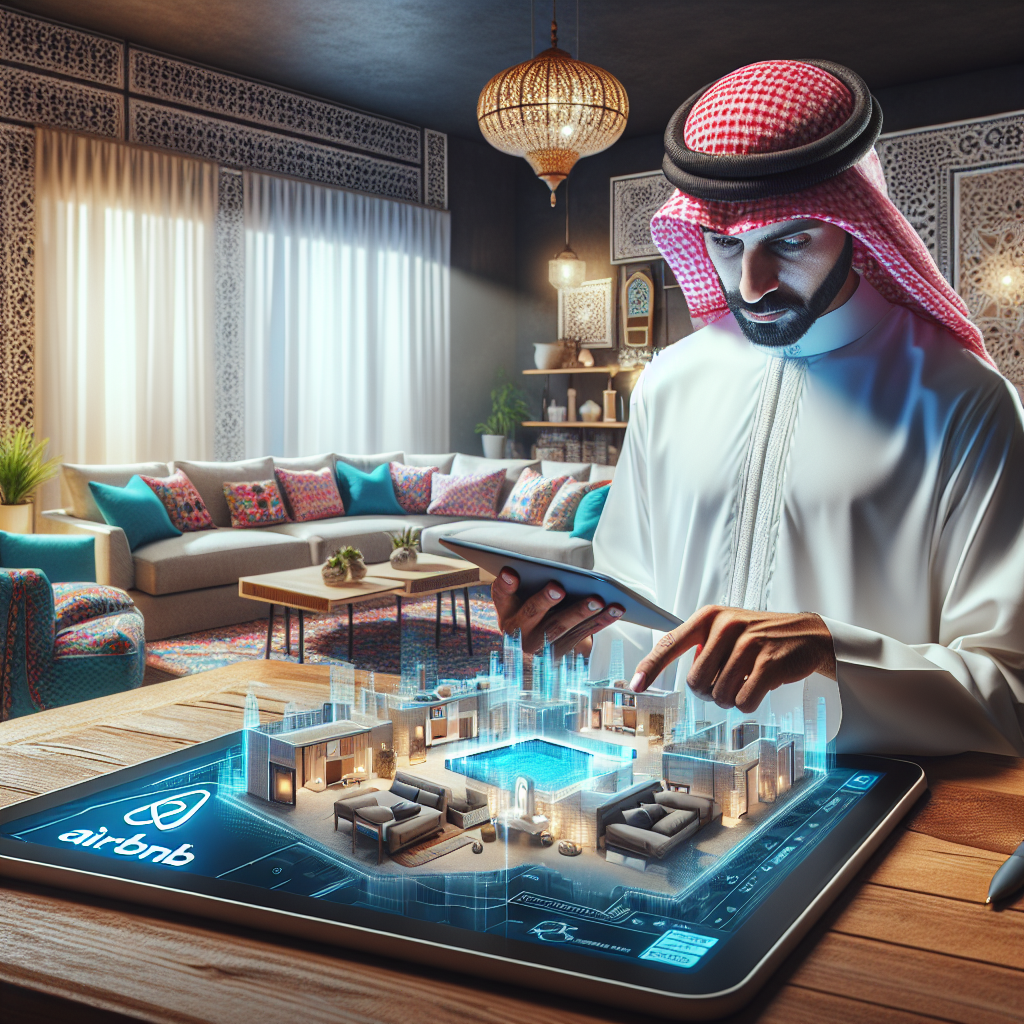 An Airbnb host reviewing a digital floor plan on a tablet, with a beautifully arranged room in the background.