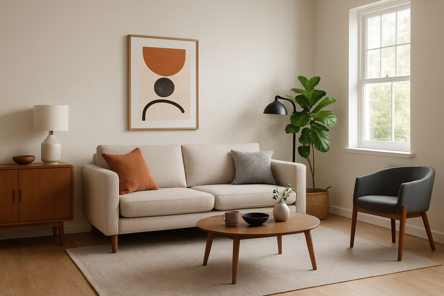 A digitally furnished living room showcasing modern decor and furniture, highlighting the transformation from an empty space.