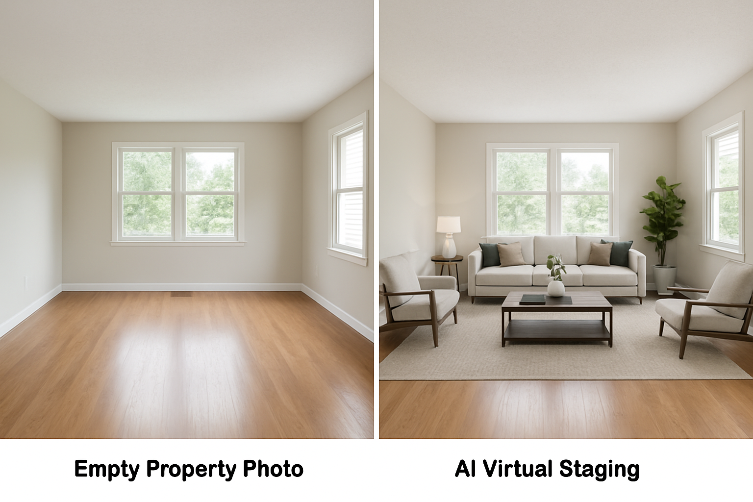 A side-by-side comparison of an empty property photo and the same photo with AI virtual staging applied, demonstrating the visual enhancement.