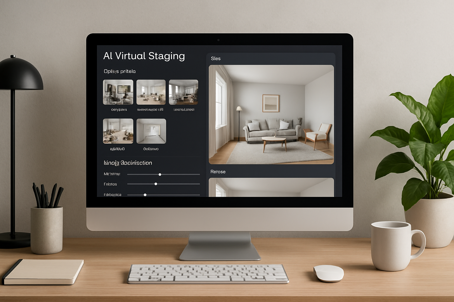 A workspace with a computer screen displaying the AI virtual staging process, including style selection and image adjustments.