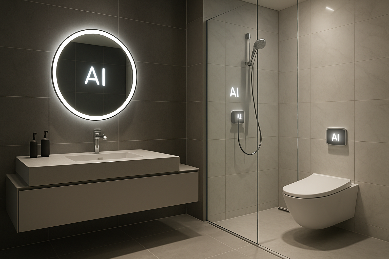A modern bathroom with sleek surfaces and smart fixtures, showcasing AI-designed elements.