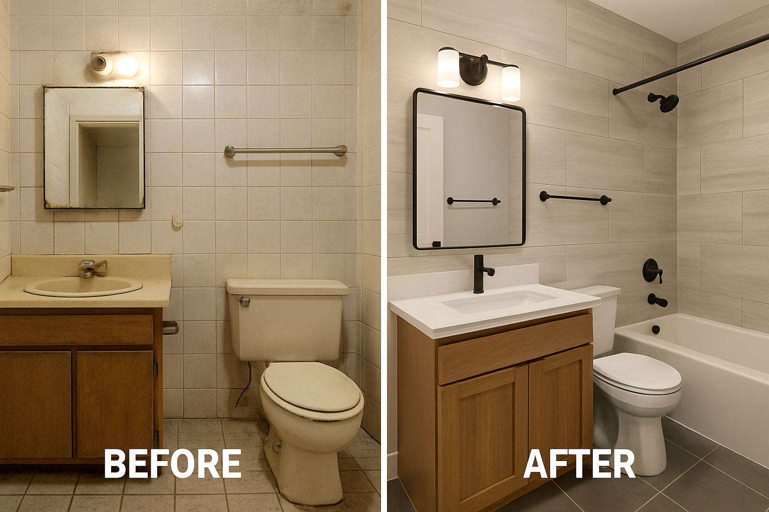 A before-and-after comparison of a bathroom, highlighting the transformation using AI tools.