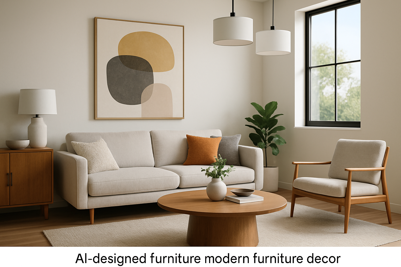 A digitally furnished living room using AI technology, showcasing modern furniture and decor.