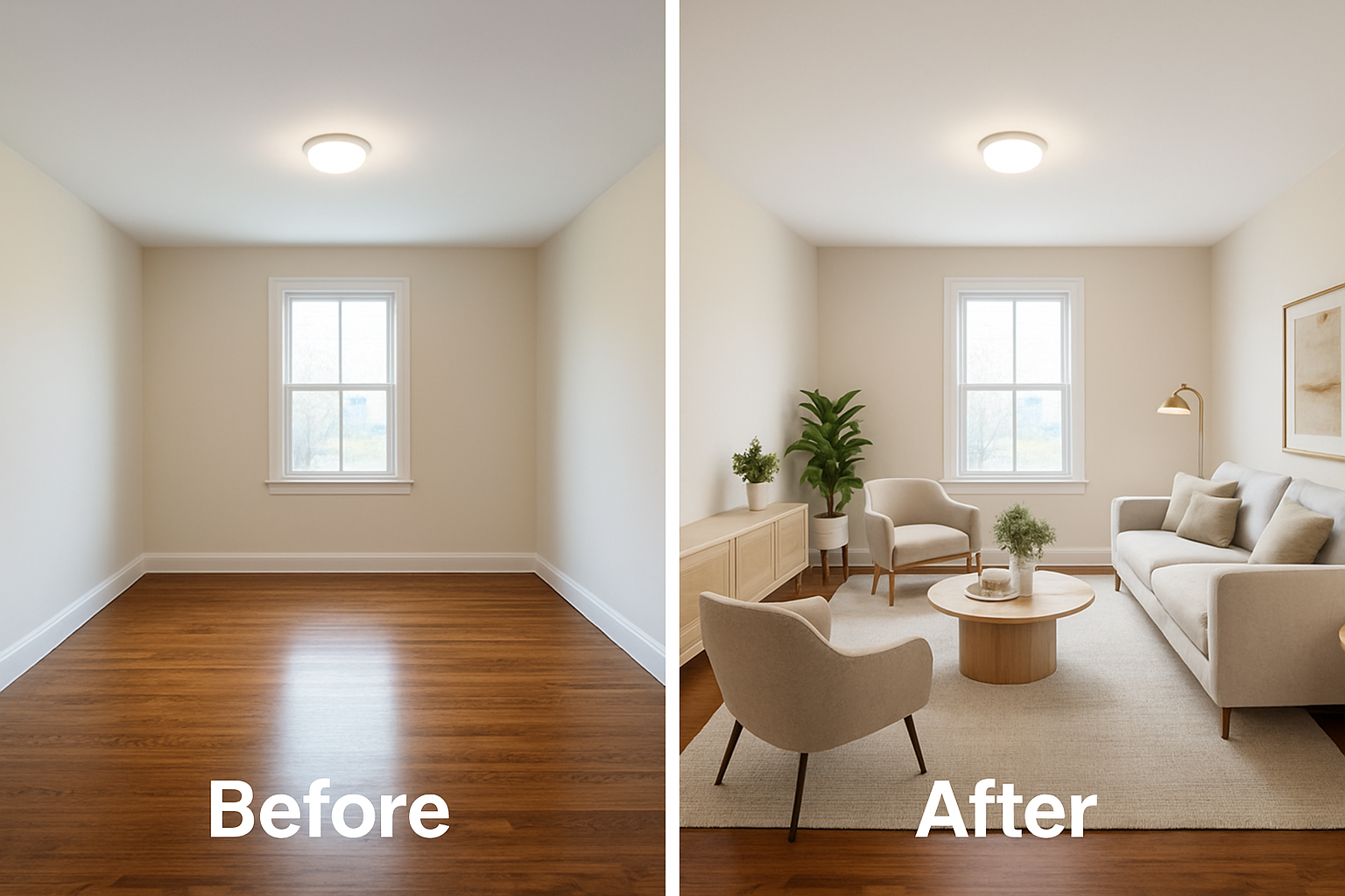 Before and after images of an empty room transformed with virtual staging, highlighting the potential of the space.