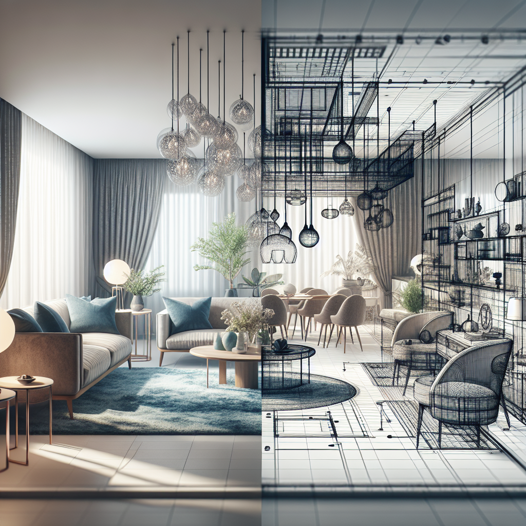 A modern living room with a digital overlay showing a floor plan transformation, highlighting before and after changes.