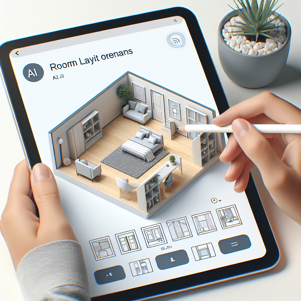 A user-friendly interface on a tablet displaying various room layout options generated by AI.