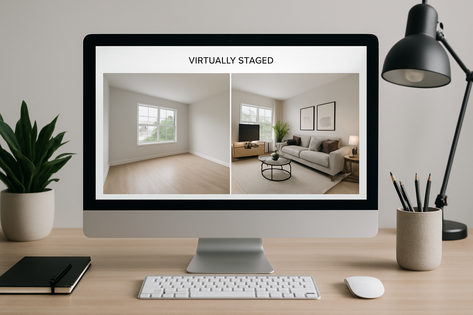 A digital workspace with a computer screen displaying a real estate photo being virtually staged using AI technology.