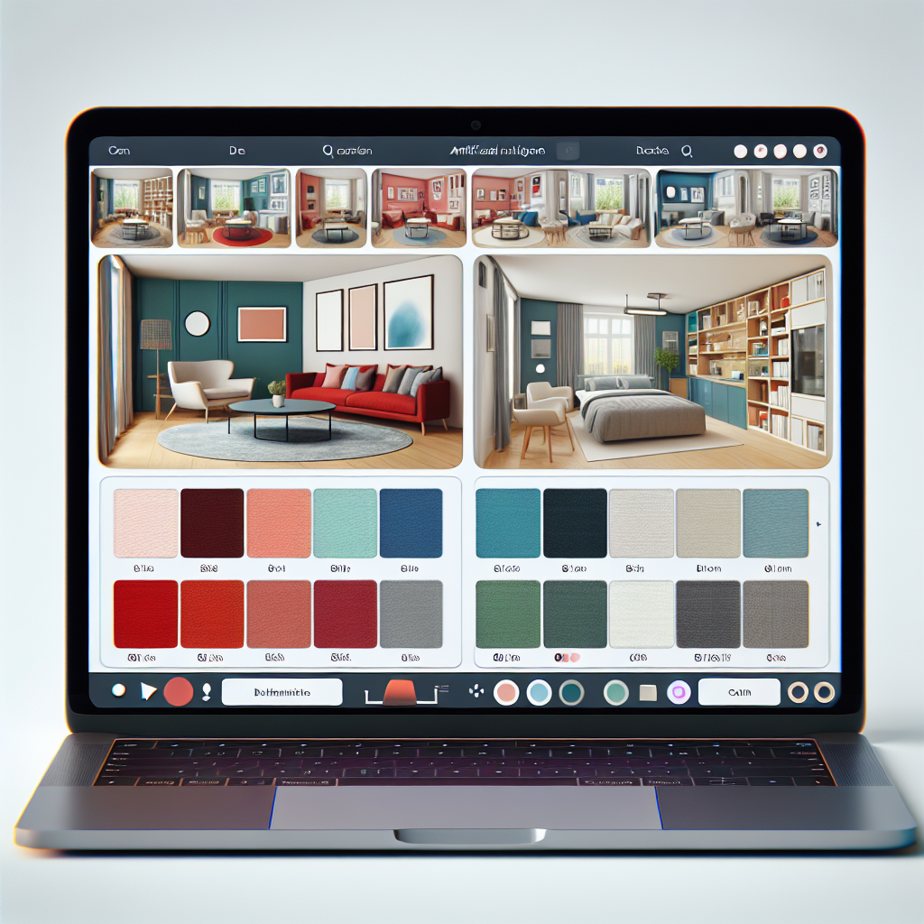 A user-friendly interface of an AI interior design tool on a laptop screen, displaying various room layouts and color schemes.