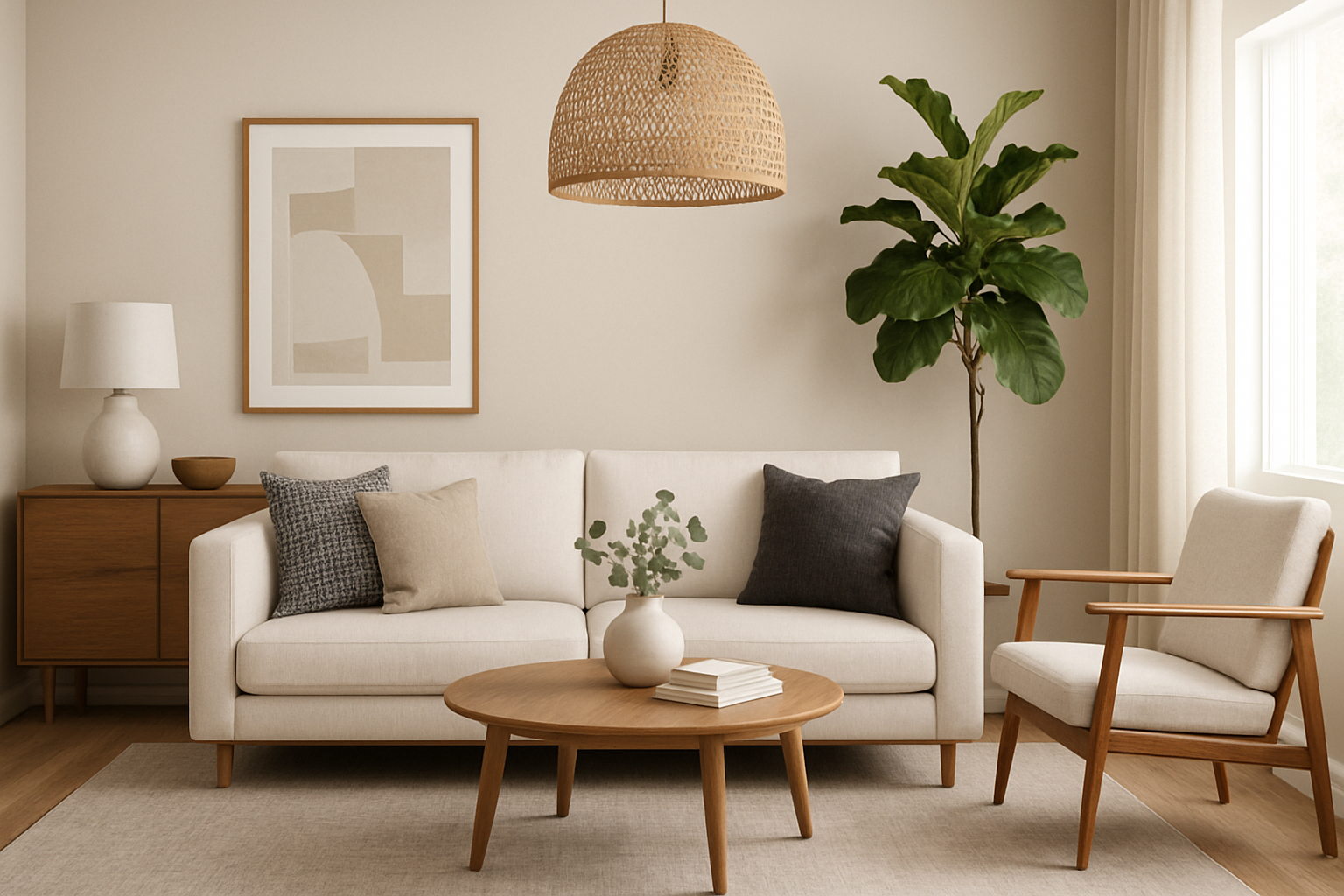 A digitally staged living room with modern furniture and decor, showcasing a cozy and inviting atmosphere.