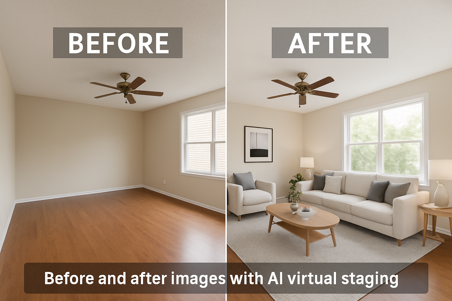 Before and after images of a vacant room transformed with AI virtual staging, highlighting the dramatic change.