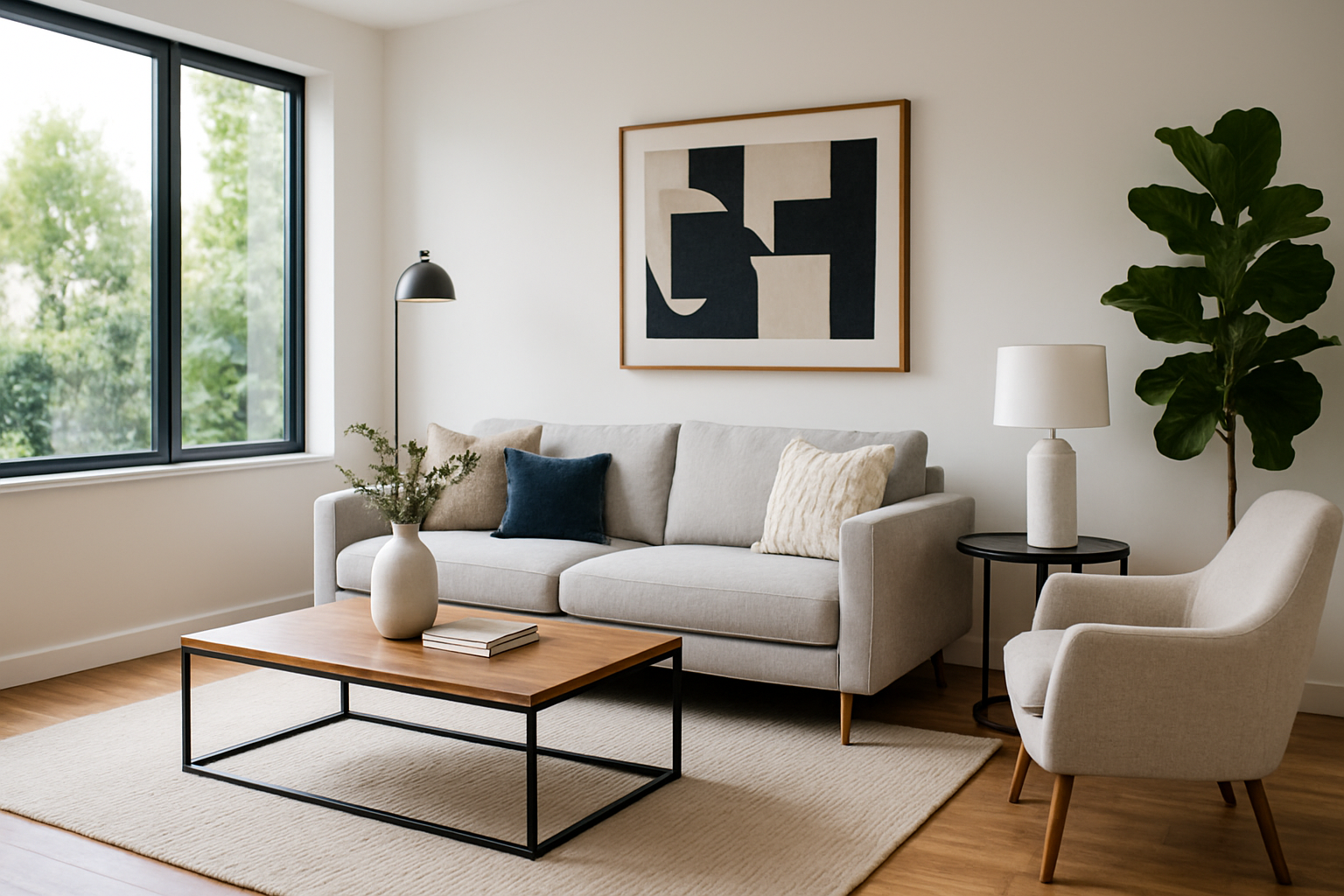 A beautifully staged room using AI, showcasing modern furniture and decor in a real estate photo.