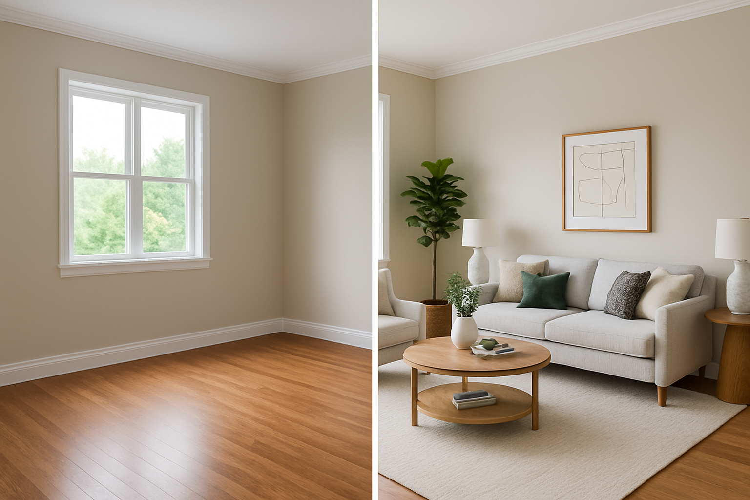 A beautifully staged room using AI technology, highlighting the transformation from empty to furnished.
