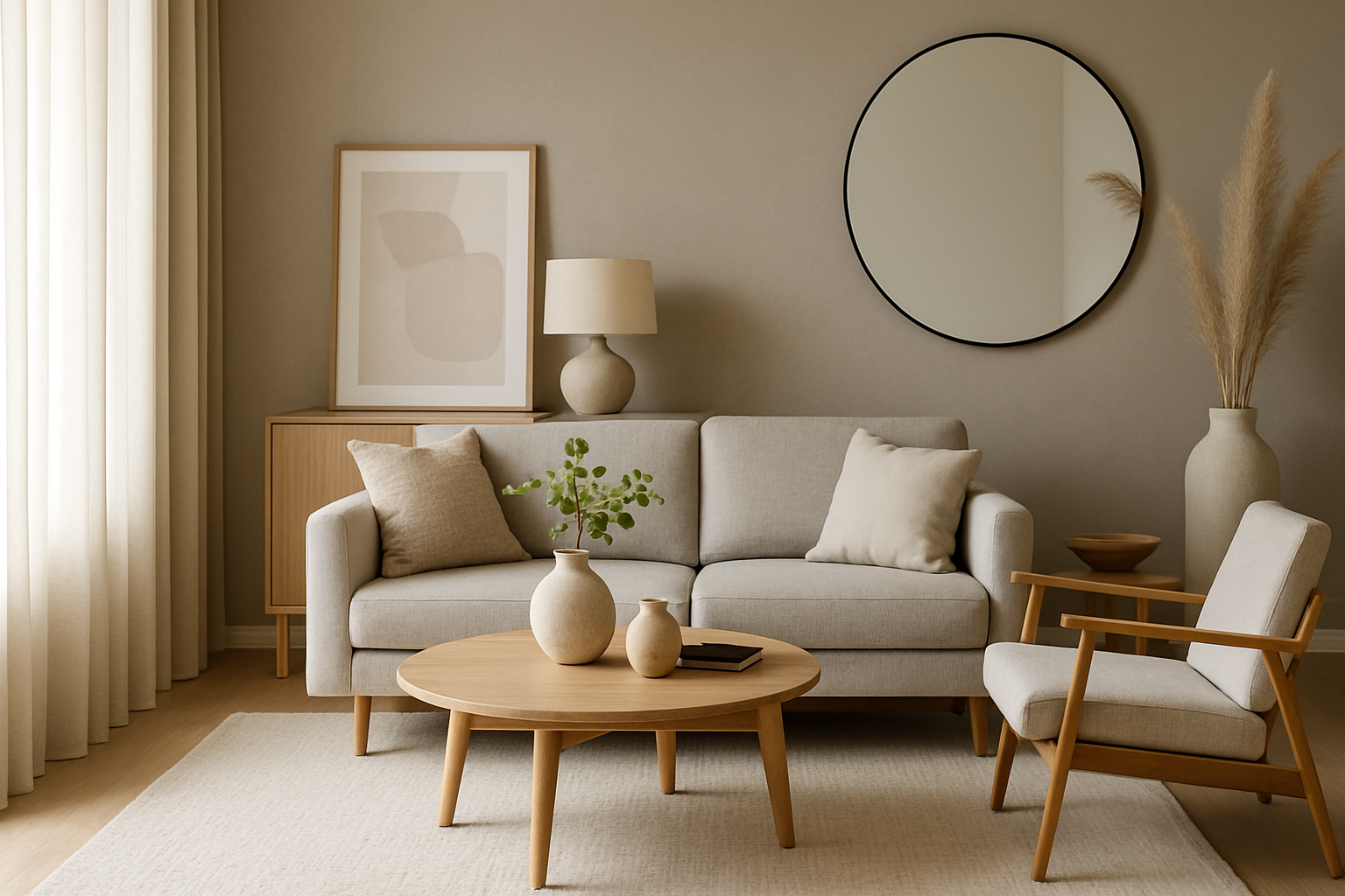 A beautifully staged room using AI technology, with contemporary furniture and decor elements.