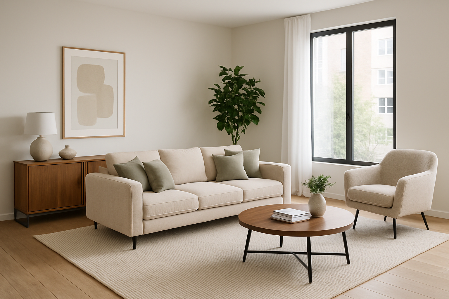 A visually appealing, digitally staged room with contemporary furniture and decor, illustrating the impact of AI virtual staging on property listings.